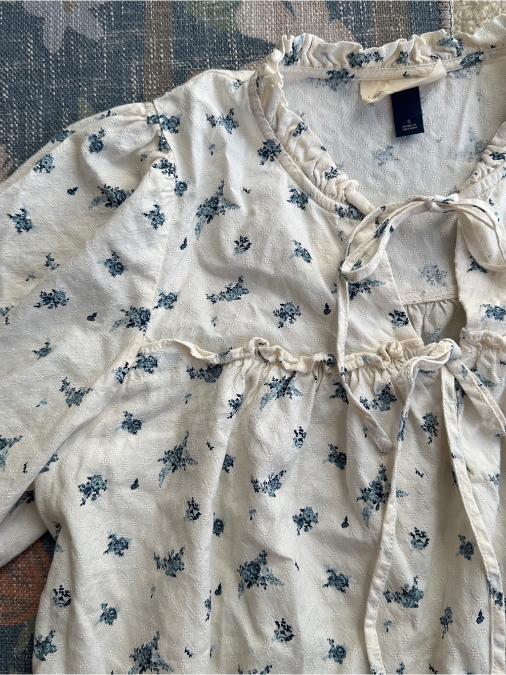 Universal Thread Cream Babydoll Mini Dress with Blue Floral Print